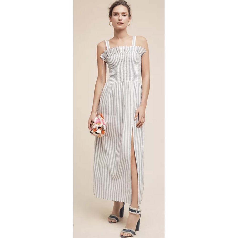 Steele Anthropologie‎ Smocked & Striped Maxi Dress Classic Prep Blue White Small